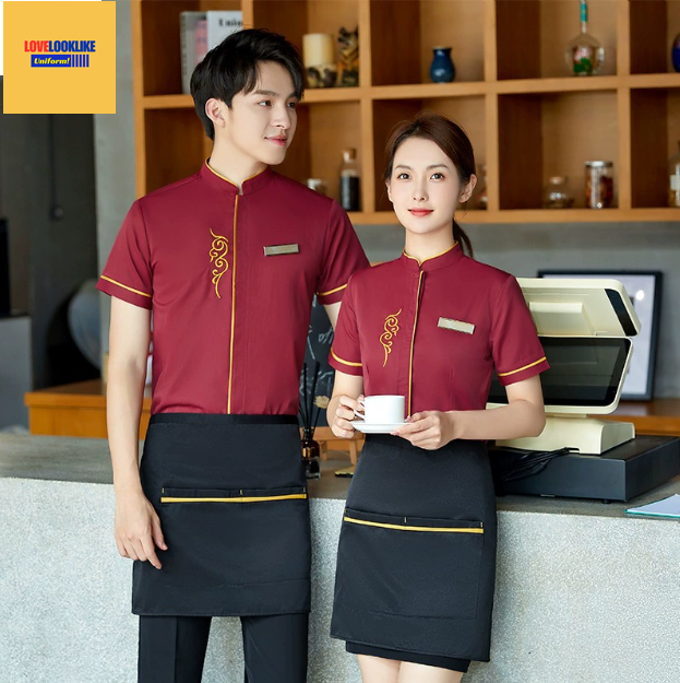 เสื้อฟอร์มพนักงานร้านอาหารกาแฟโรงแรม แขนสั้นผ้าฝ้ายคอจีน สำเนา ดำ แดง M-5XL F6805007 ตัว