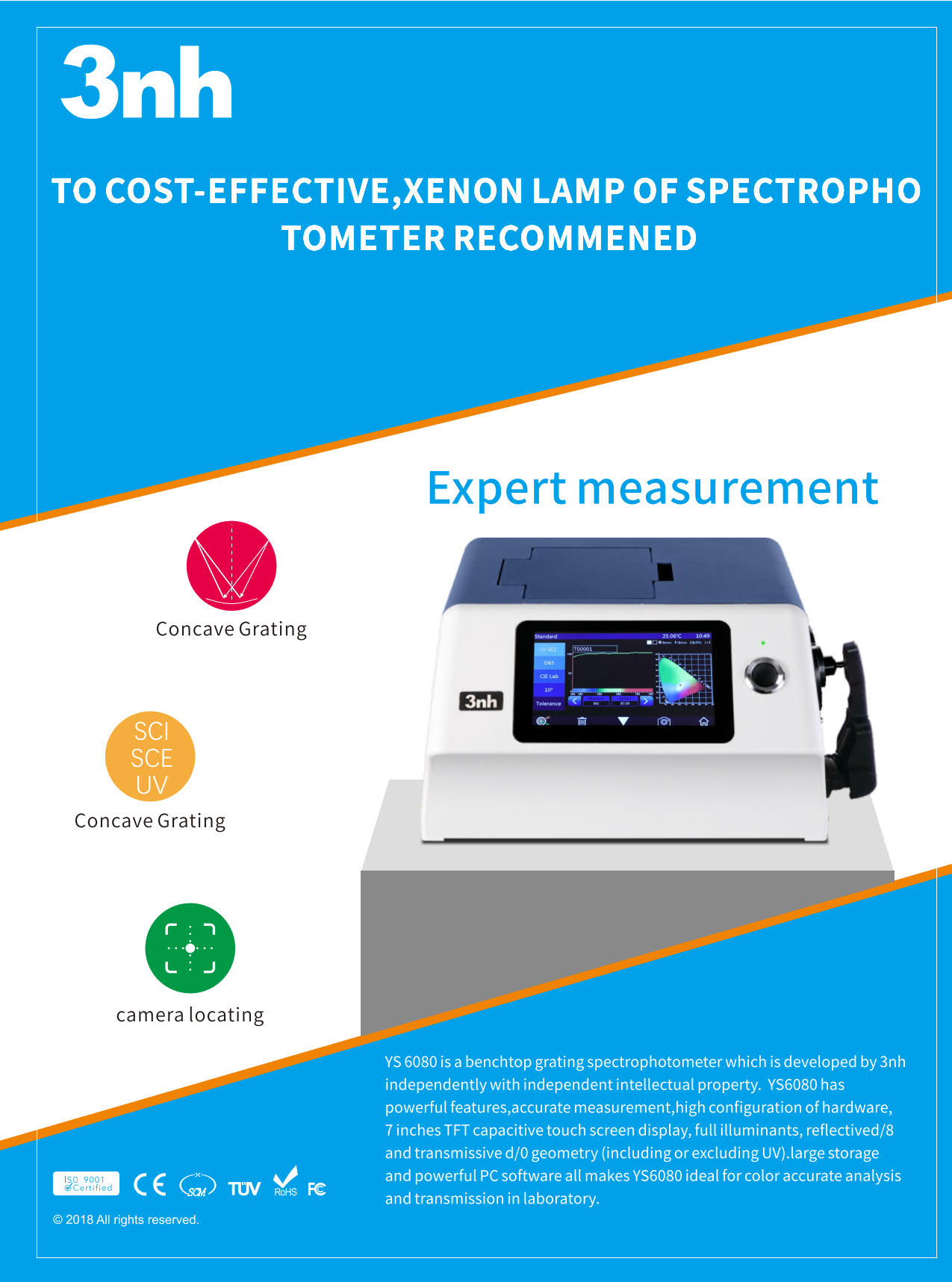 3nh รุ่นYS6080เครื่องวัดสีเเบบตั้งโต๊ะรุ่นไฟซีนอนPulsed xenon lamp-Benchtop Spectrophotometer/4Aperture:Ø25.4,Ø15,Ø8,Ø4mm(Reflect:D/8°,Wavelength Range360~780nm:10nm)