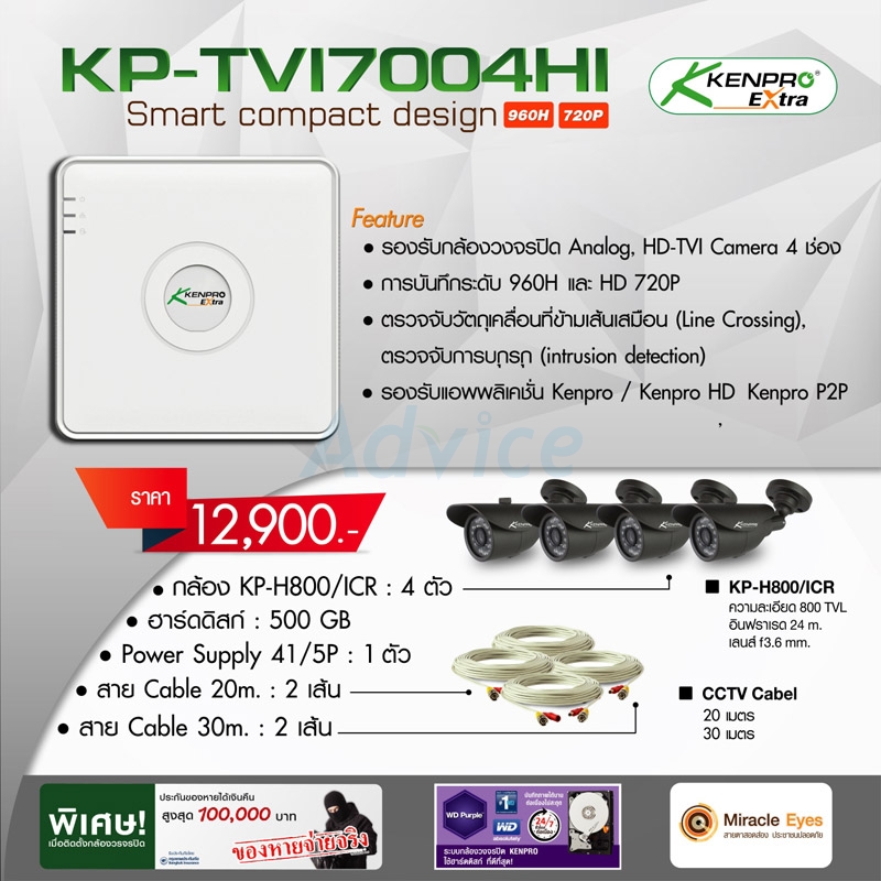 CCTV Set. 4CH. KENPRO#KP-TVI7004Hi/KP-H800 (Cable 20 30M)