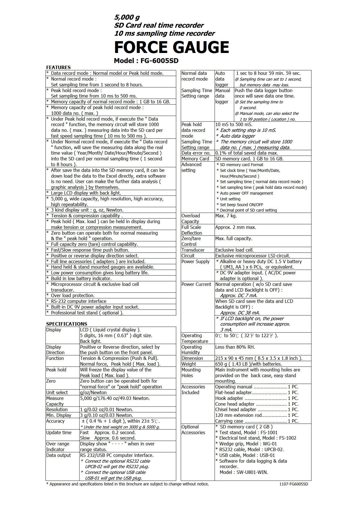 Lutron รุ่นFG-6005SDเครื่องวัดแรงดึงแรงผลักแบบแสดงผลด้วยตัวเลขDigital force gauge SD Card Data Logger(5Kg)FG-6005SD