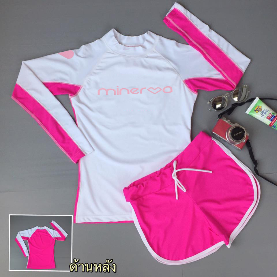 [Size S] ชุดว่ายน้ำ แขนยาว รุ่น Minerva (สีขาว-ชมพู) และ ขาสั้น