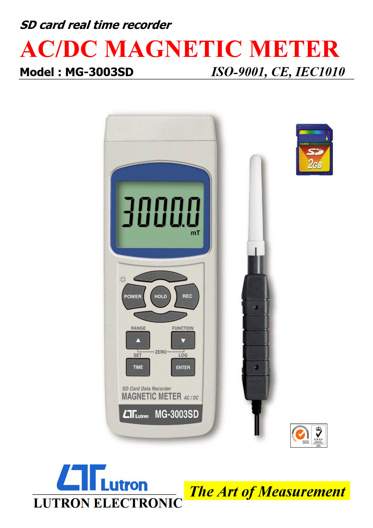 Lutron รุ่น MG-3003SD เครื่องวัดและบันทึกค่าข้อมูลความแรงแม่เหล็ก,Magnetic Meter with Data Logging,SD Card real time recorder