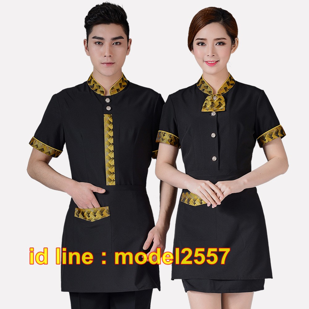 F6104002เสื้อฟอร์มพนักงานร้านอาหารกาแฟโรงแรม แขนสั้น ดำ,แดง,ม่วง M,L,XL,XXL,3XL F6104002 ตัว