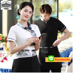 เสื้อพนักงานต้อนรับ เสื้อพนักงานเสริฟ เสื้อพนักงานโรงแรม เสื้อพนักงานร้านอาหาร เสื้อพนักงานร้านกาแฟ ดำ ขาว แดง L,XL,XXL,3XL,4XL F6607001 เสื้อ+ผ้ากันเปื้อน