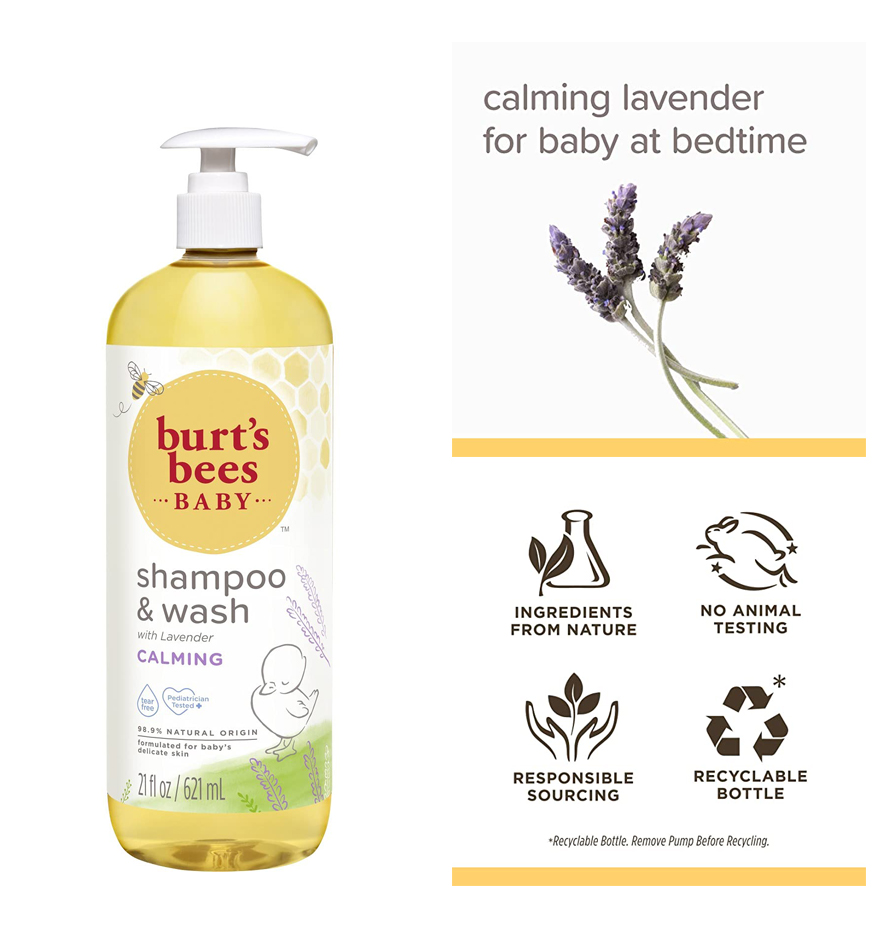 แชมพูผสมครีมอาบน้ำ แบบขวดปั้ม Burt's Bees Baby Shampoo & Wash, Calming & Tear Free, 21 fl oz