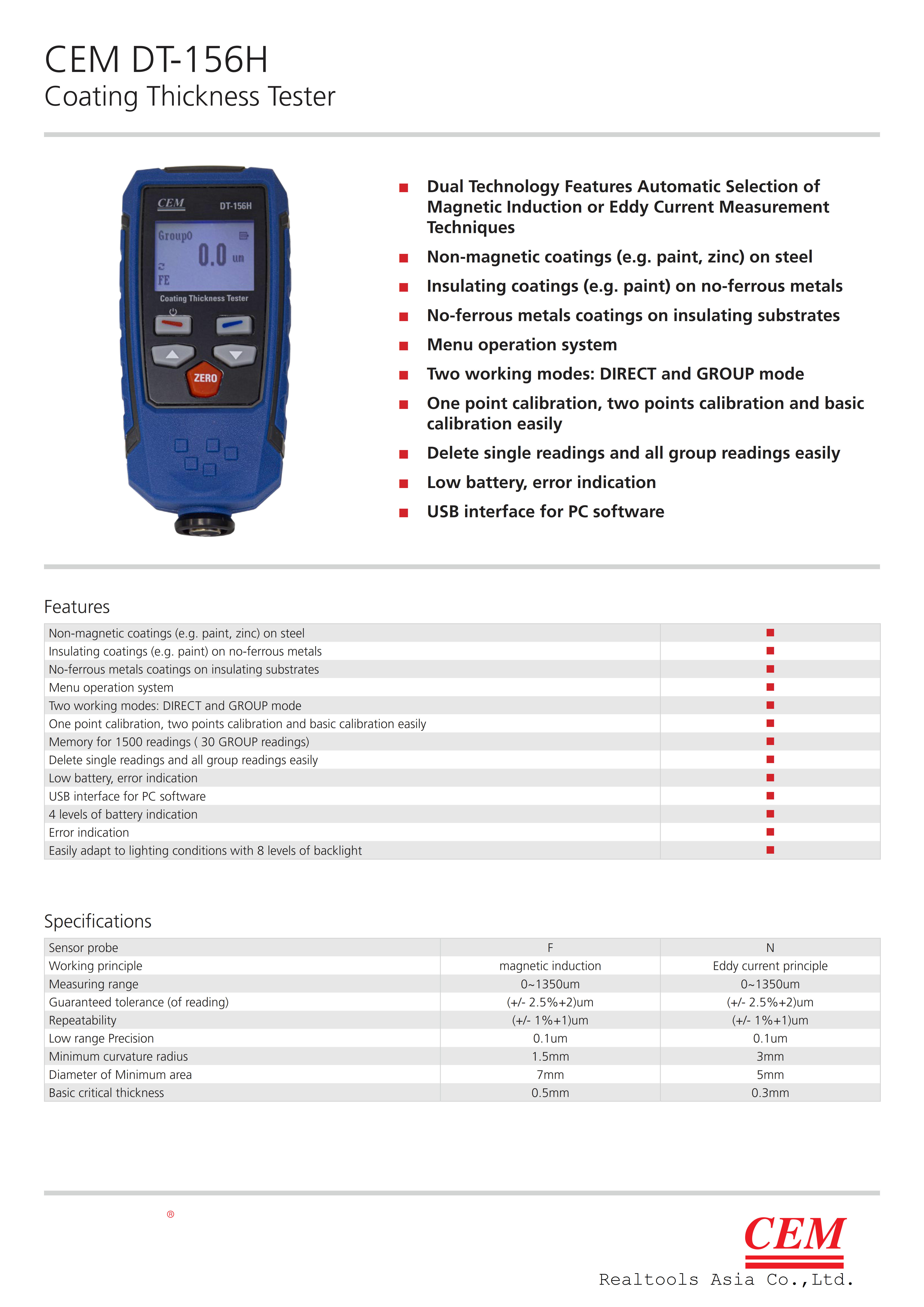 CEM รุ่น DT-156H เครื่องวัดความหนาเคลือบแบบพกพา,Coating thickness tester,meas.range:0~1350µm(F/N)