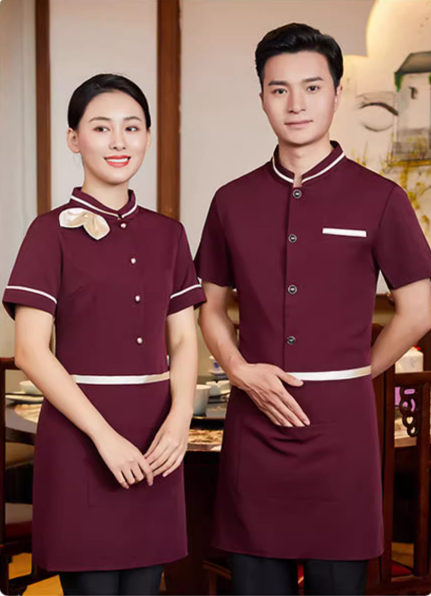 เสื้อฟอร์มพนักงานร้านอาหารกาแฟโรงแรม แขนสั้น แดง ดำ ม่วง L,XL,XXL,3XL F6705004 เสื้อ+กันเปื้อน ** ขั้นต่ำ 2 ตัว