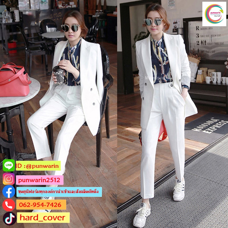 เสื้อชุดสูทผู้หญิงสีขาวแขนยาวสาวทำงานแฟชั่นเกาหลี ขาว ดำ S-2XL SK6411003 ชุด