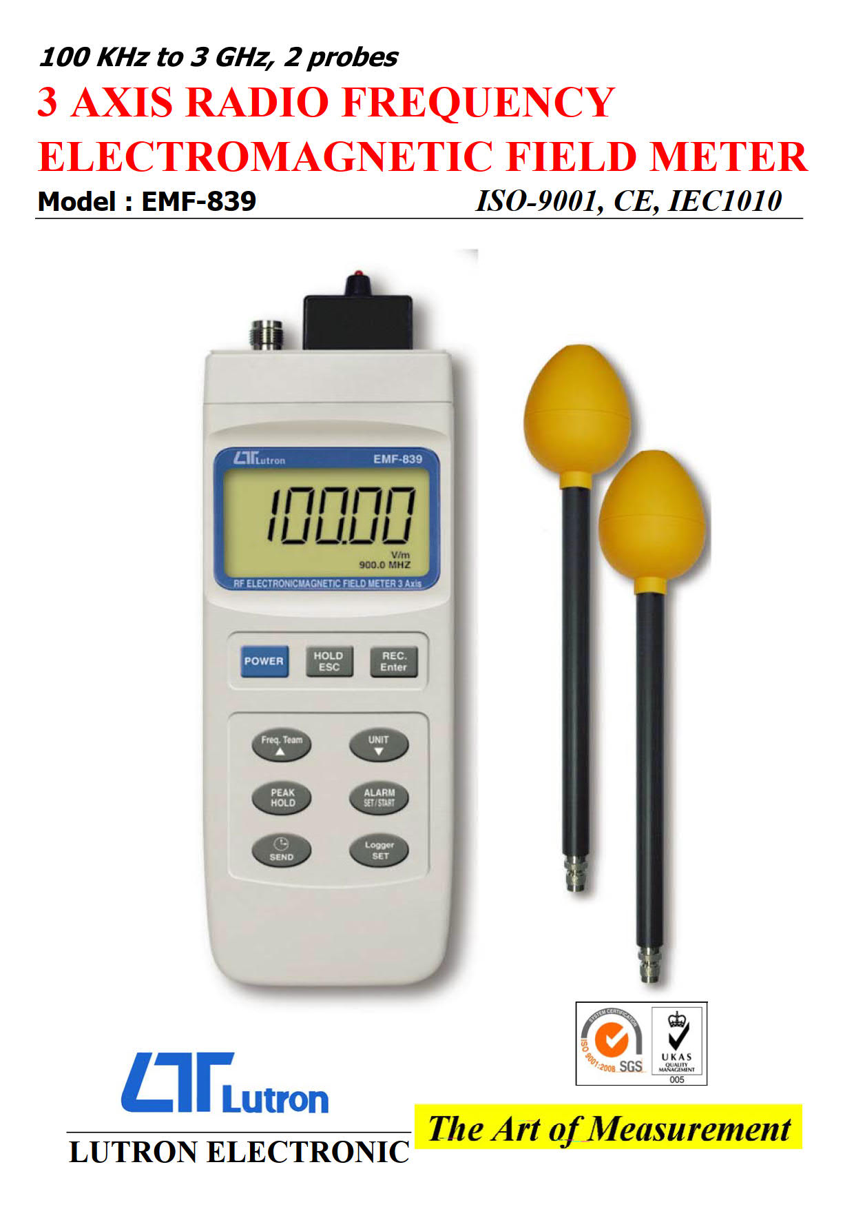 Lutron รุ่นEMF-839เครื่องวัดความแรงของคลื่นวิทยุ,Electromagnetic field meter,Meas.range:0～199.99V/m,0～99.999W/m2,0～9.9999mW/cm2