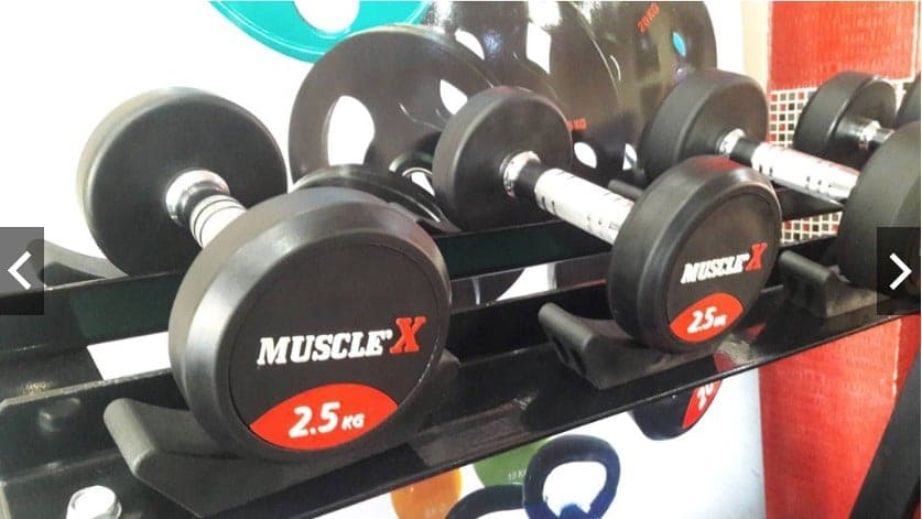 ดัมเบลเหล็กหุ้มยางพร้อมชั้นวางMuscleX 6 คู่ ทรงA