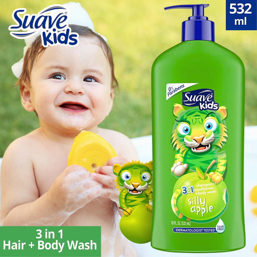 นำเข้า 🇺🇸 รุ่นใหม่ ✨🍏 Suave Kids 3-in-1 Silly Apple 🍏แชมพู + ครีมนวด + ครีมอาบน้ำ ในขวดเดียว ขนาด 18 oz ราคา 350 บาท / ขวด ** สินค้ายังไม่รวมค่าส่งนะคะ **