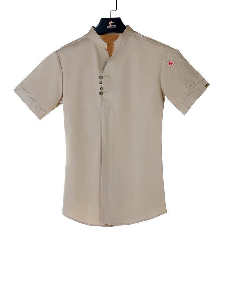 เสื้อฟอร์มพนักงานร้านอาหารกาแฟโรงแรม แขนสั้น ดำ แดง เบจ S-4XL F6809001 เสื้อ+เปื้อน* ขั้นต่ำ 2 ตัว