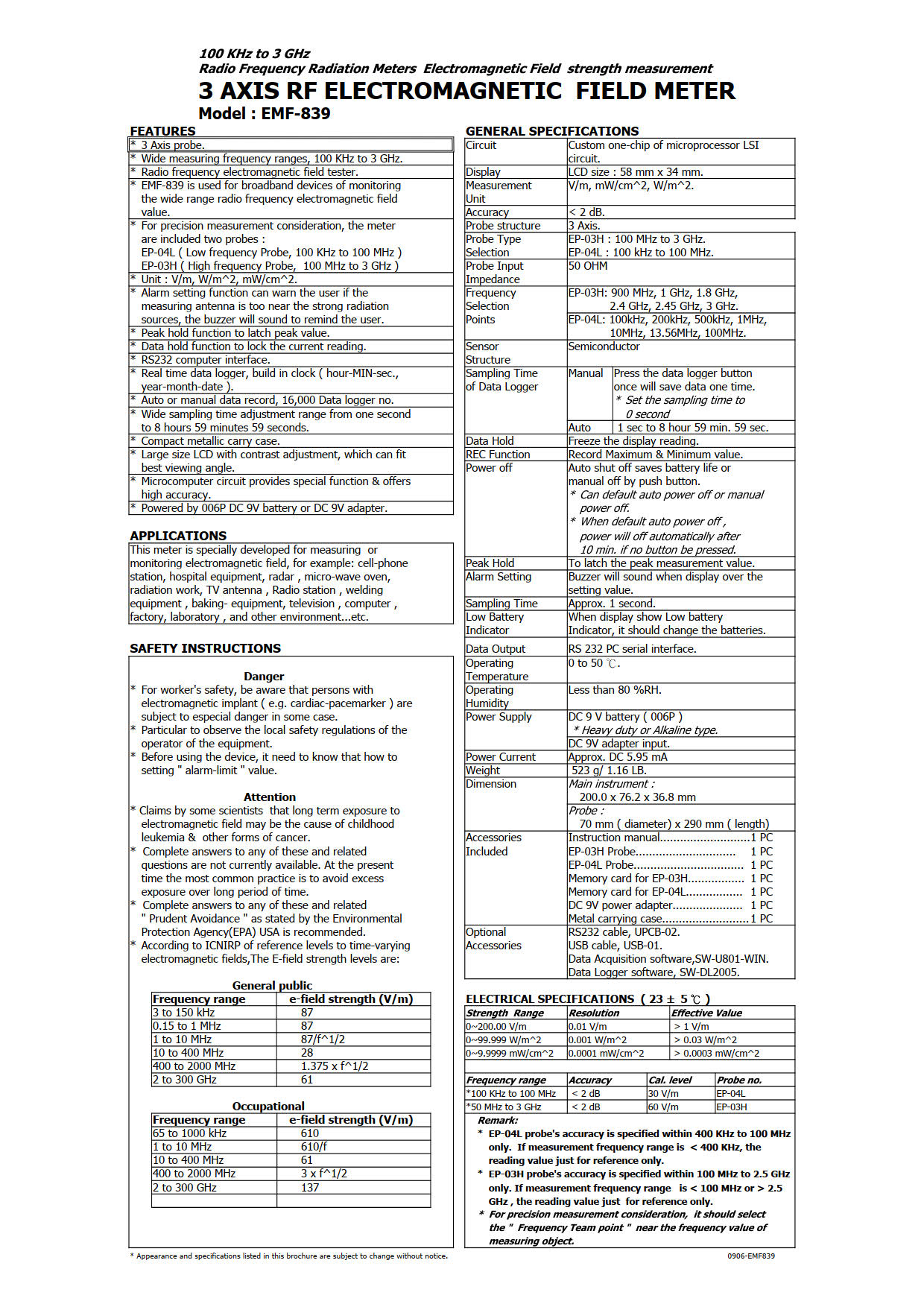 Lutron รุ่นEMF-839เครื่องวัดความแรงของคลื่นวิทยุ,Electromagnetic field meter,Meas.range:0～199.99V/m,0～99.999W/m2,0～9.9999mW/cm2