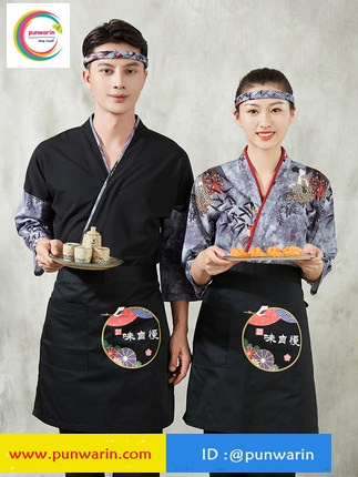 ชุดซูชิกิโมโนสไตร์ญี่ปุ่นเสริฟ สำหรับห้องอาหารญี่ปุ่นเกาหลีจีน เสื้อเชฟ พ่อครัว บริกร สีภาพ S M L XL XXL G6412003 เสื้อตัวเดียว