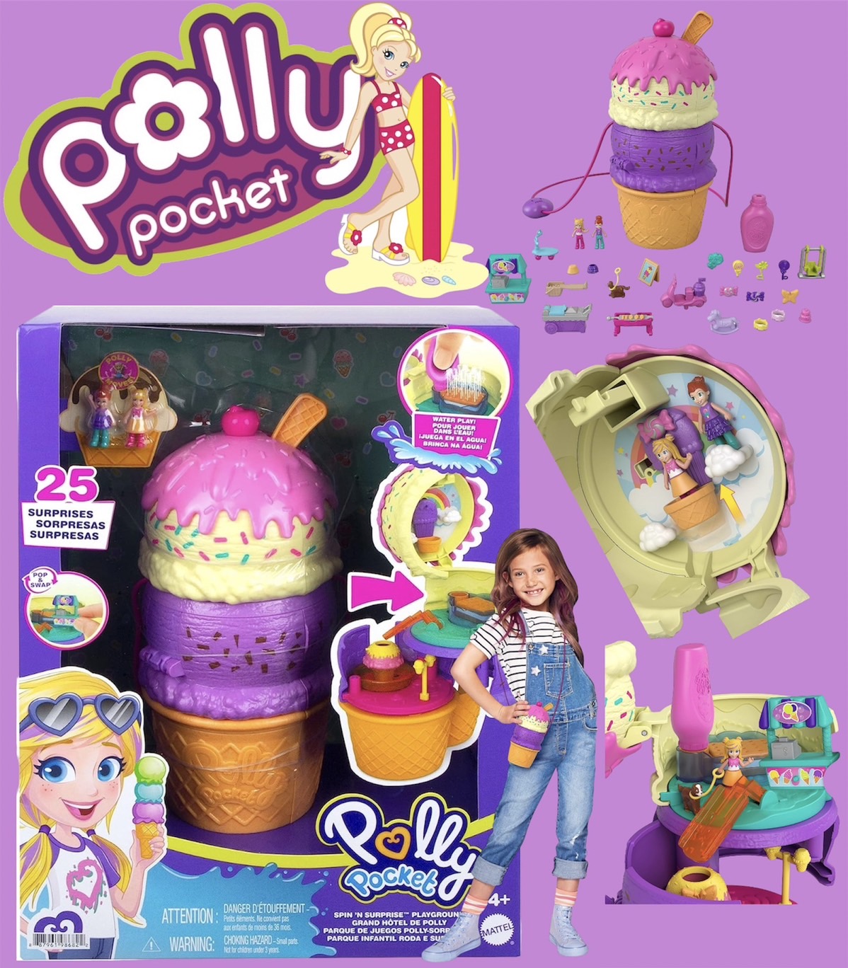 ไอศกรีมPolly Pocket 2-In-1 Travel Toy Playset, Spin 'N Surprise Ice Cream Cone ตุ๊กตาพอลลี่และอุปกรณ์เสริม & 25 ชิ้น , ราคา : 1,490 บาท
