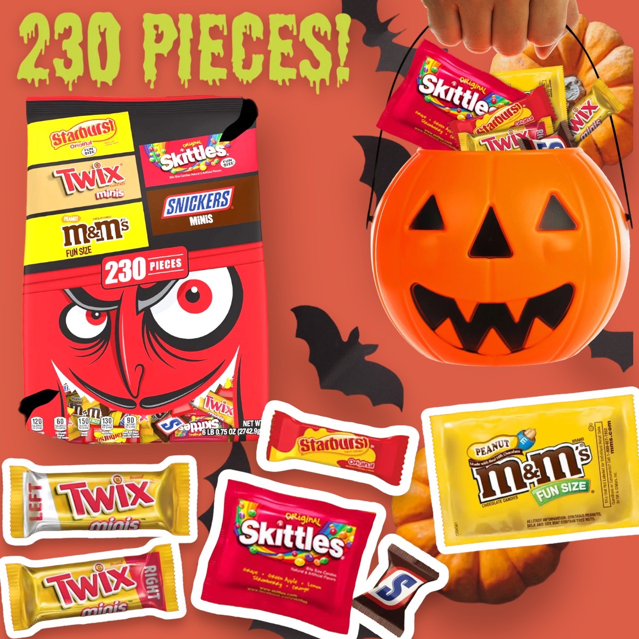 นำเข้า🇺🇸 Halloween treats 🎃👻 M&M's, Snickers, Skittles, Starburst & Twix Bulk Halloween Candy (230 ชิ้น.) ราคา 1,990 บาท