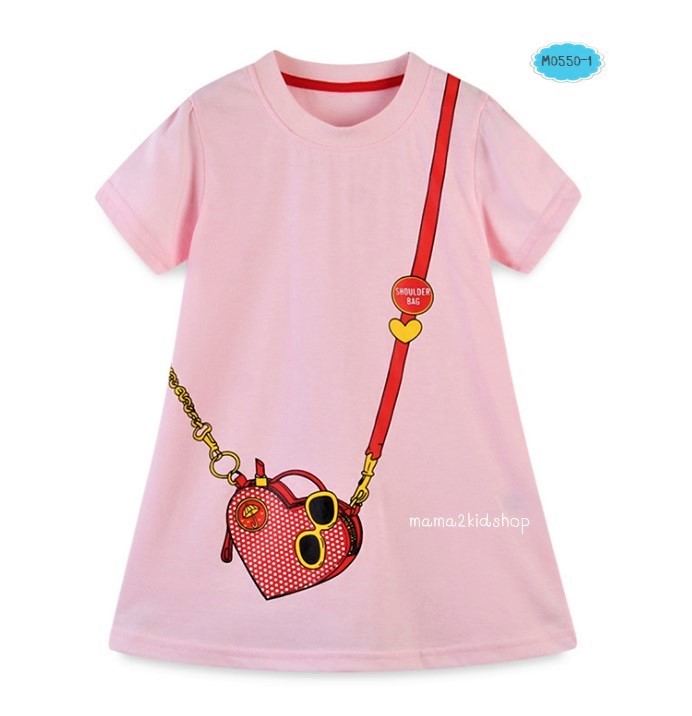 เสื้อยืดตัวยาวลายกระเป๋าสีชมพูอ่อน