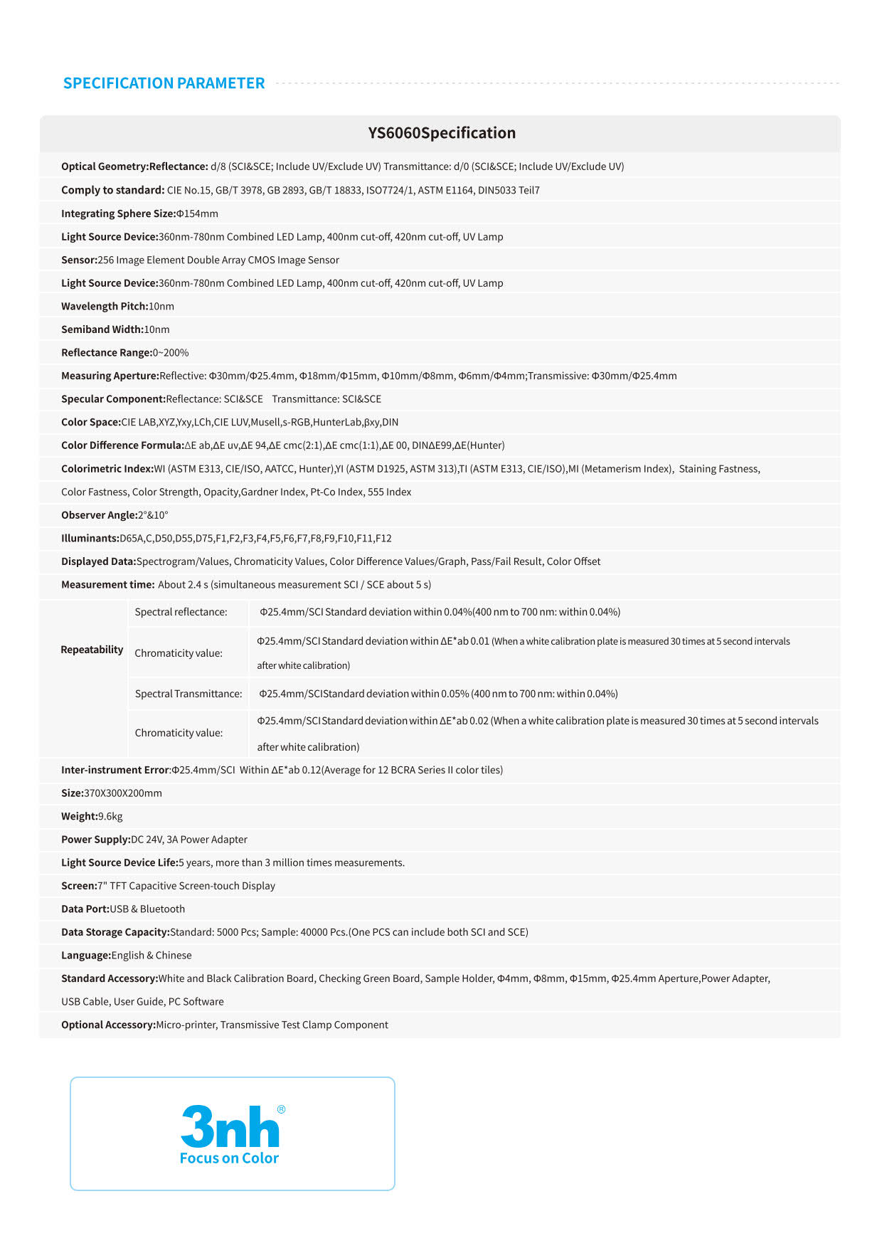 3nh รุ่นYS6060เครื่องวัดสีเเบบตั้งโต๊ะBenchtop Spectrophotometer/4Aperture:Ø25.4,Ø15,Ø8,Ø4mm(Wavelength Range360~780nm:10nm)