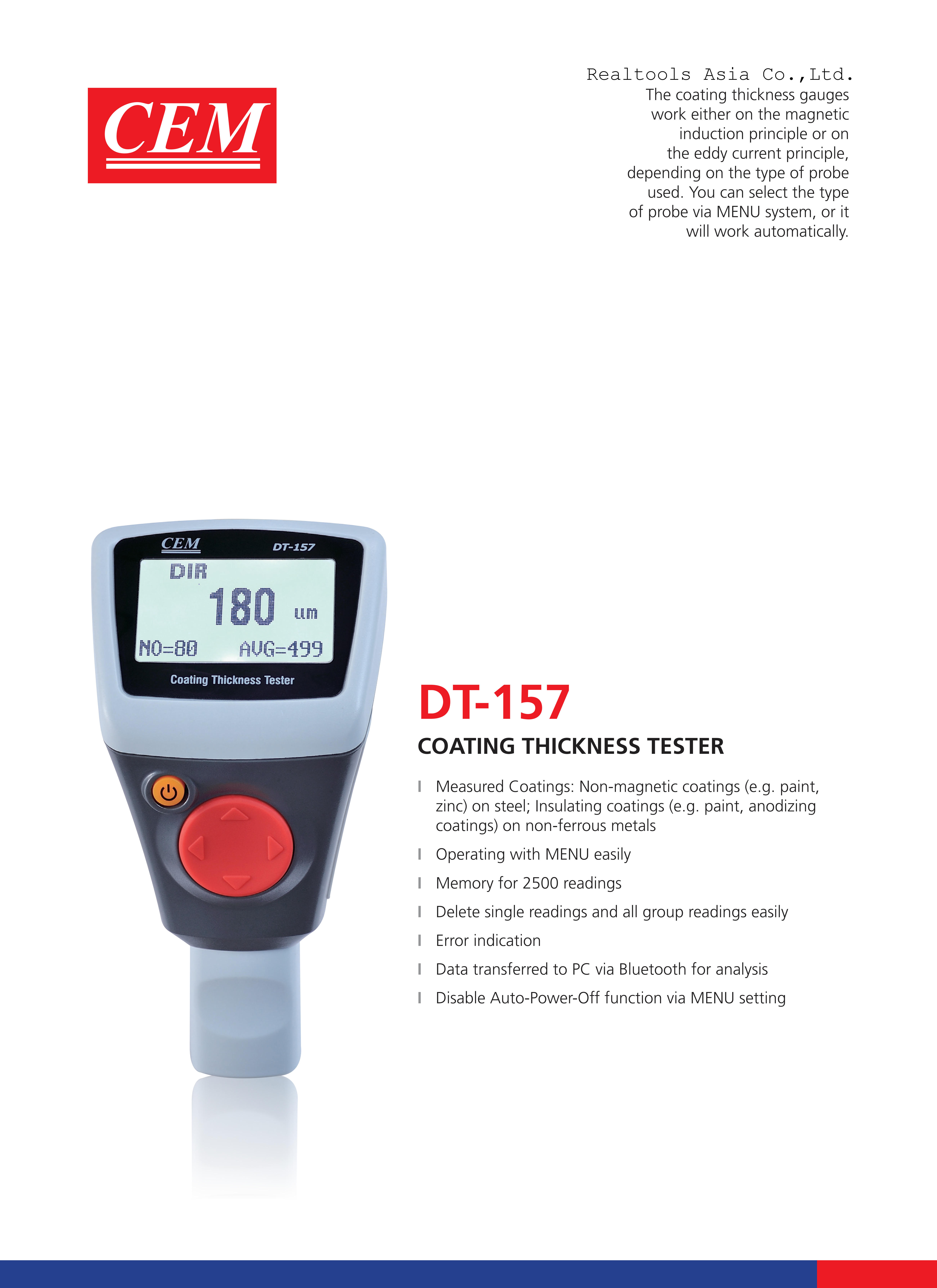 CEM รุ่นDT-157เครื่องวัดความหนาเคลือบผิว,Coating Thickness Tester with Bluetooth,Meas.range:0~2000µm.(F/N)