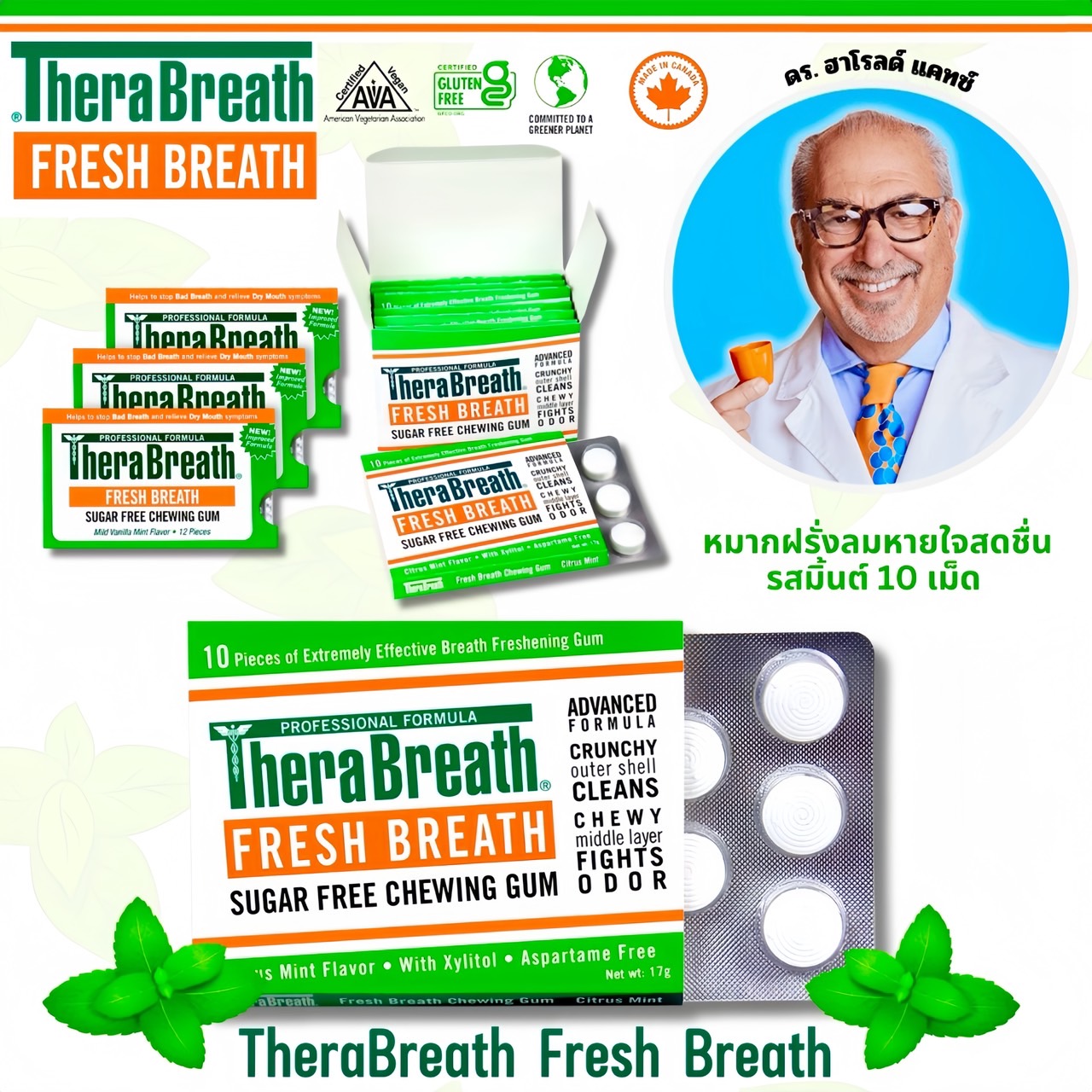 NEWหมากฝรั่ง นำเข้า🇺🇸 TheraBreath Fresh Breath Chewing Gum with ZINC, Citrus Mint Flavor, 10 Count - หมากฝรั่งTheraBreath ลมหายใจสดชื่นรสมิ้นต์ 10 เม็ด ราคา199 บาท/แผง