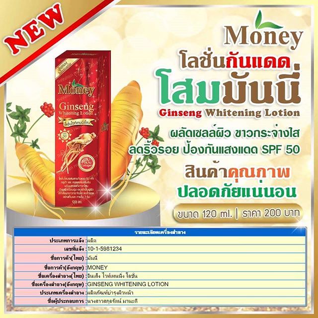 โลชั่นกันแดดโสมมันนี่ (Ginseng Whitening Lotion by Money)