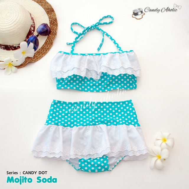 (free size) ชุดว่ายน้ำ ทูพีช มีระบายลูกไม้น่ารัก สีเขียวอมฟ้าลายจุด ผูกหลัง กระโปรงเขียวอมฟ้า ลายจุด บิกินี่-Mojito-Soda