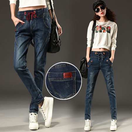 JW6003008 กางเกงยีนส์ฮาเล็มขายาวเอวยางยืดผูกโบว์ (พร้อมส่ง) JW6003008 ชิ้น