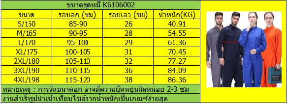 ชุดหมีช่างวิศวกรรมช่างไฟฟ้าอุตาสาหกรรมช่างก่อสร้างช่างประปาแขนยาว กรมท่า ส้ม ฟ้า เทา M-3XL K6106002 ชุด