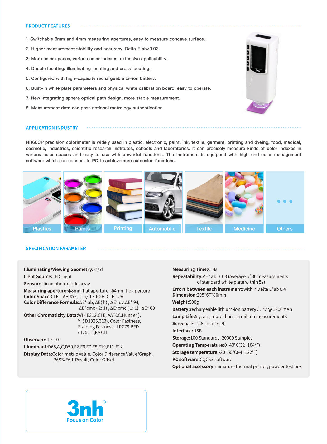 3nh รุ่นNR-60CPเครื่องวัดค่าสีที่มีความแม่นยำสูงPrecision Colorimeter,Aperture:Ø8mm.Flat Aperture:Ø4mm Tip Aperture,Geometry:8°/d