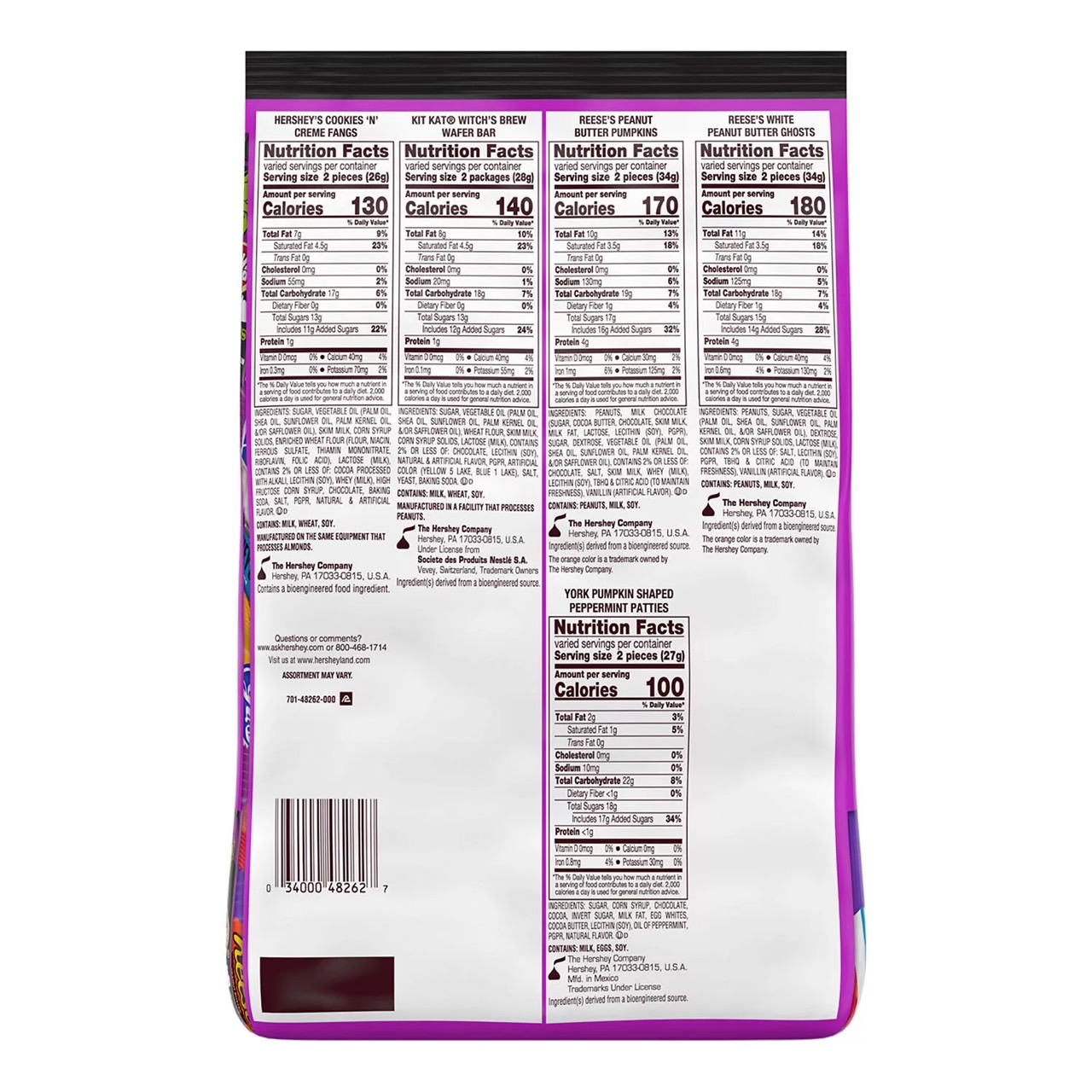 นำเข้า🇺🇸 ช๊อคโกแลตฮาโลวีนถุงใหญ่ Hershey Chocolate and Creme Assortment Snack Size Candy, (53.7 Ounce, 105 ชิ้น) , ราคา 1,390 บาท