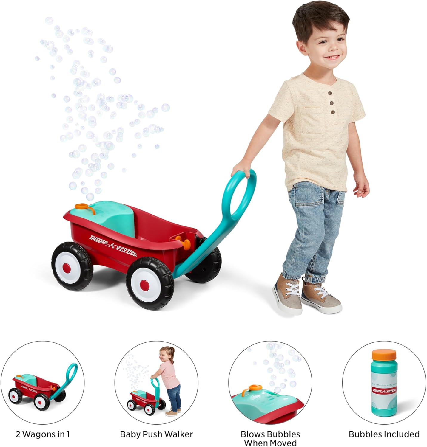 ใหม่ล่าสุด✨นำเข้าเองจาก🇺🇸 ของแท้ 💯Radio Flyer Bubble Buddy Walker Wagon, เครื่องทำฟองสบู่สำหรับเด็ก,รถหัดเดินเด็กสีแดงพร้อมล้อสำหรับอายุ 1-4 ปี ราคา 2690 บาท