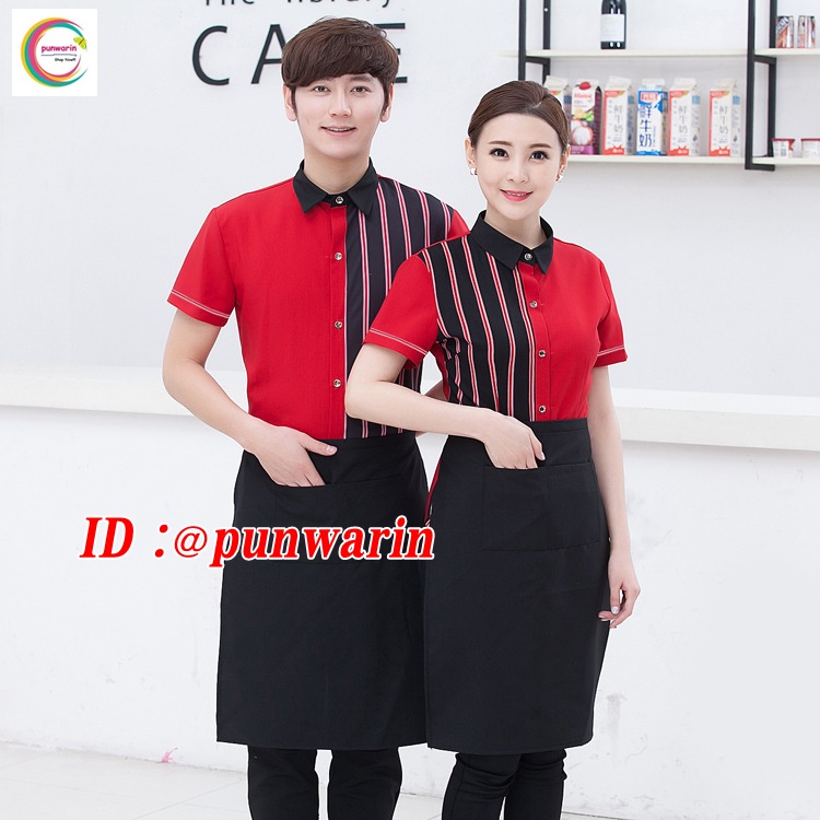 เสื้อฟอร์มพนักงานร้านอาหารกาแฟโรงแรม แขนสั้นผูกโบว์ไทด์ แดง ดำ L,XL,XXL,3XL F6404001 เสื้อ+กันเปื้อน