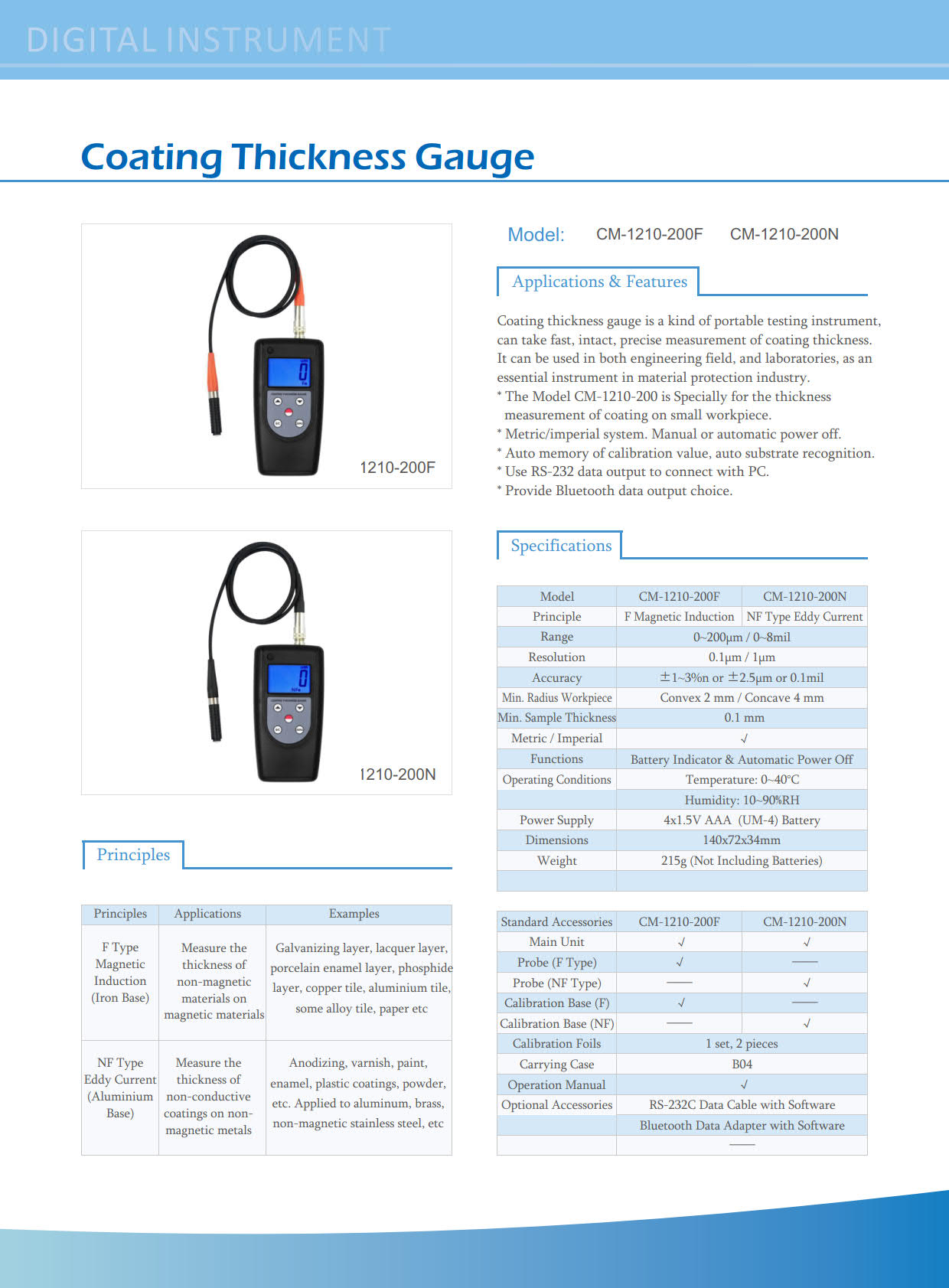 Landtek รุ่นCM-1210-200Nเครื่องวัดความหนาสีบนผิวเคลือบสำหรับอโลหะ(N)พร้อมโพรบวัด,Aluminum-based Micro Coating Thickness Gauge Non-ferrous Button Zinc Coating Thickness Gauge
