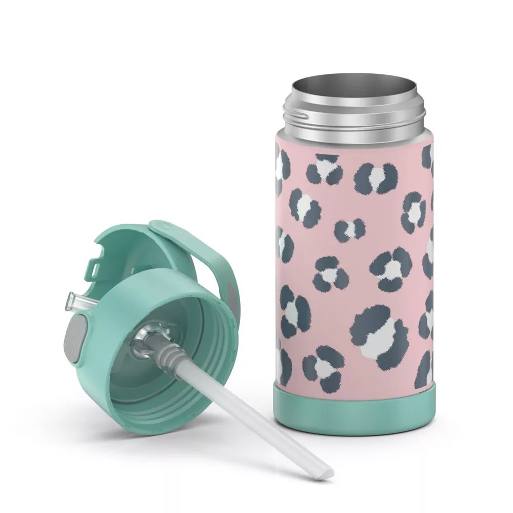 กระติกดูดน้ำแตนเลสหุ้มฉนวนสุญญากาศยี่ห้อ Thermos ของแท้ขนาด 12 ออนซ์ ลาย Black Animal Print ราคา 990 - บาท