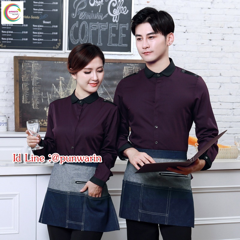 เสื้อพนักงานต้อนรับพนักงานเสริฟเสื้อพนักงานโรงแรมนรีสอร์ทเสื้อเชิ๊ตคอปก เทา ม่วง M-3XL F6309001 เสื้อ แถมเปื้อนลายทาง
