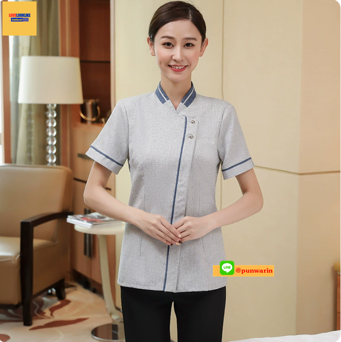 เสื้อแม่บ้าน ชุดพนักงานทำความสะอาดแขนสั้นโรงแรม รีสอร์ตร้านอาหาร ฟ้า น้ำเงิน เทา (หญิง) L-4XL D6002006 ตัว