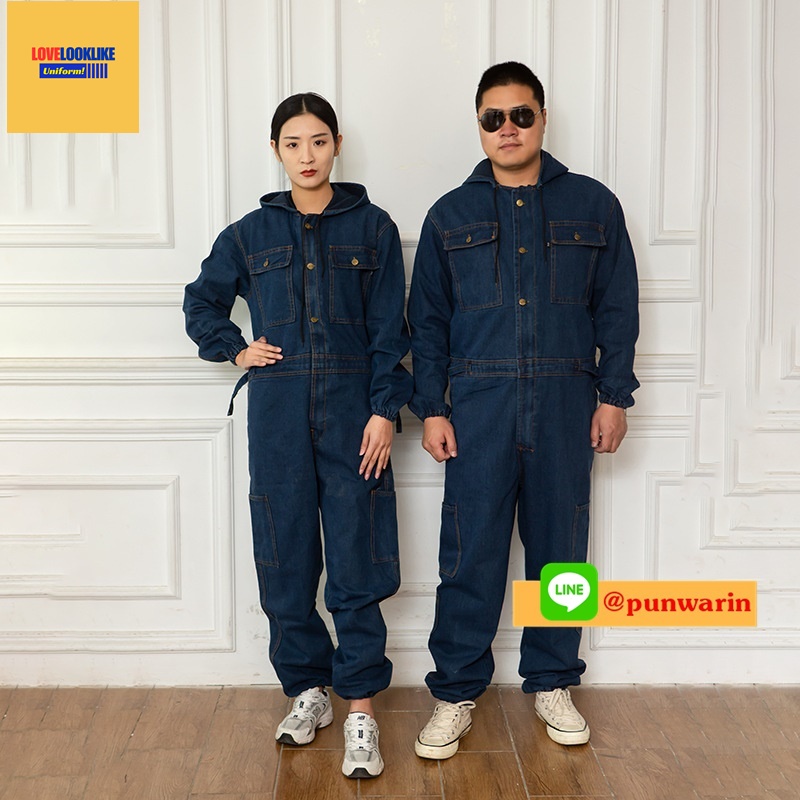 ชุดหมีช่างแขนยาว ชุดหมีช่างผ้ายีนส์ สีภาพ M-4XL K6512001 ชุด