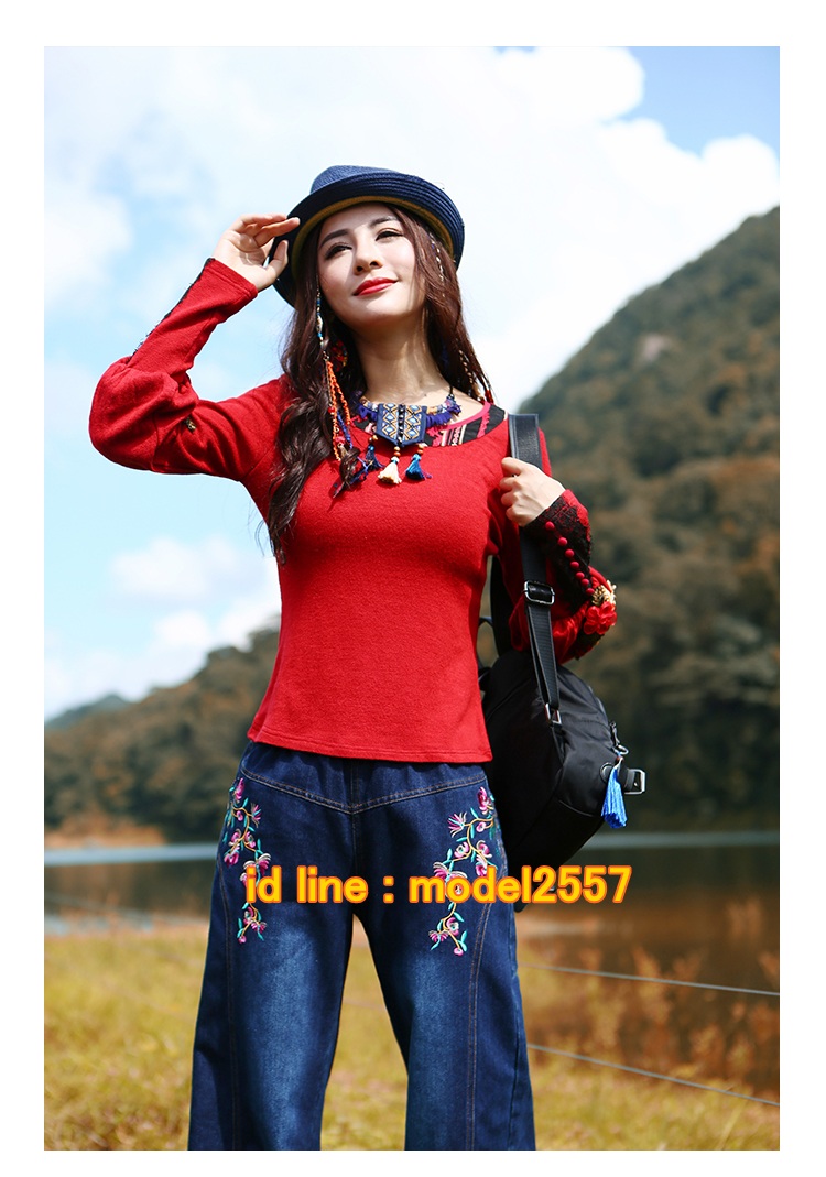 UM6102005 เสื้อยืดแขนยาวสีแดงโมฮีเมียน เย็บปักถักร้อยชาติพันธุ์ UM6102005 ตัว