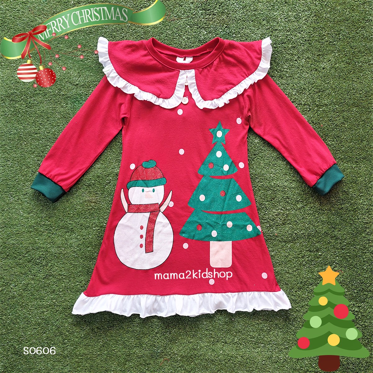 ชุดเดรสแขนยาวสีแดงคอปกขาวลาย Christmas tree