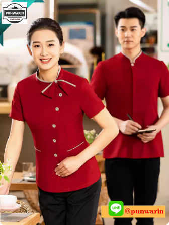 ชุดพนักงานร้านอาหารร้านกาแฟโรงแรมรีสอร์ต แขนสั้น แดง ดำ L-4XL FC6702001 เสื้อ **ไม่มีขั้นต่ำ