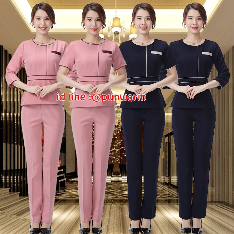 ชุดพนักงานนวดสปา ชุดพนักงานเสริมสวย ชุดทำงาน ชุดสูท ชมพู กรมท่า S-3XL S6302001 ชุด