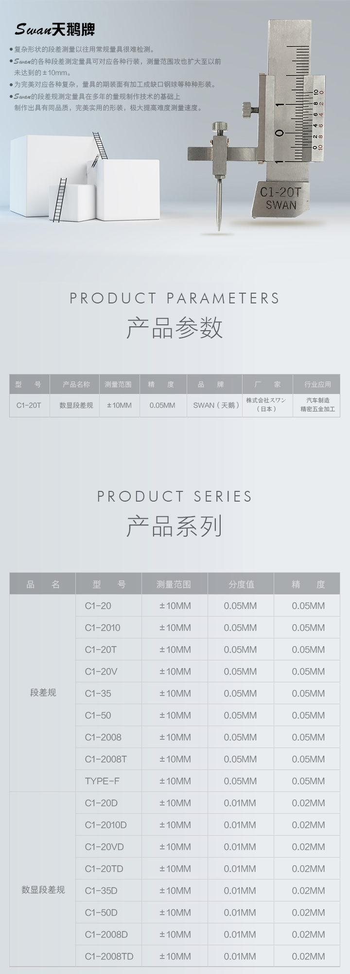 Swan รหัส C1-20T มาตรวัดระดับแบบสเกล,Three-sphere base surface level gauge,meas.range:±10mm,divisionvalue:0.05mm