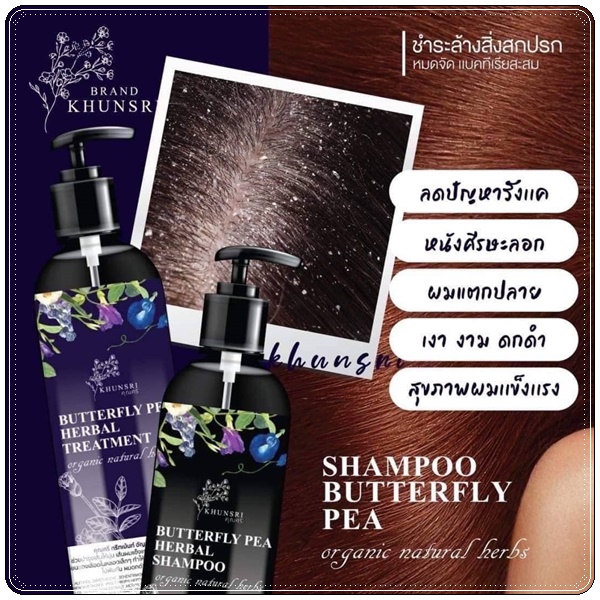 เเชมพูคุณศรี KhunSri Butterfly Pea Herbal Shampoo + Treatment (1แถม1)