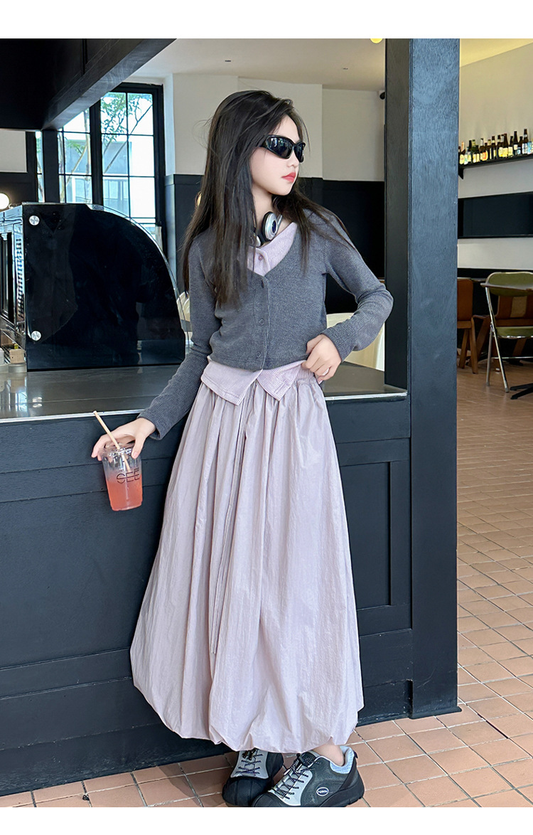 ชุดเซทเสื้อแขนยาวไหมพรม2ชั้น+กระโปรงพองๆสีชมพู