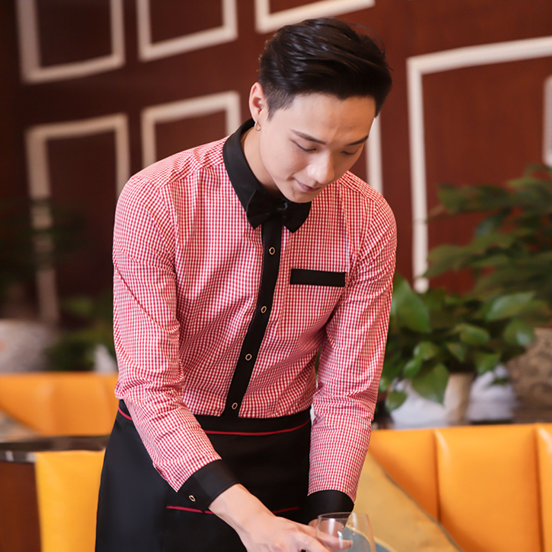 เสื้อพนักงานต้อนรับ เสื้อพนักงานเสริฟ เสื้อพนักงานโรงแรม เสื้อพนักงานร้านอาหาร เสื้อพนักงานร้านกาแฟ ชมพู S-4xl F6312001 เสื้อ+กันเปื้อน+โบว์ไทด์