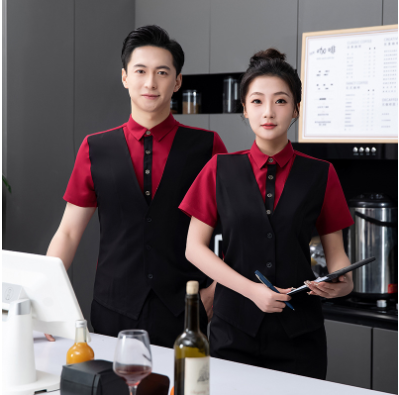 เสื้อฟอร์มพนักงานร้านอาหารกาแฟโรงแรม แขนสั้น เทา แดง เบจ เขียว L-6XL F6705017 เสื้อกั๊กในตัว ** ขั้นต่ำ 2 ตัว