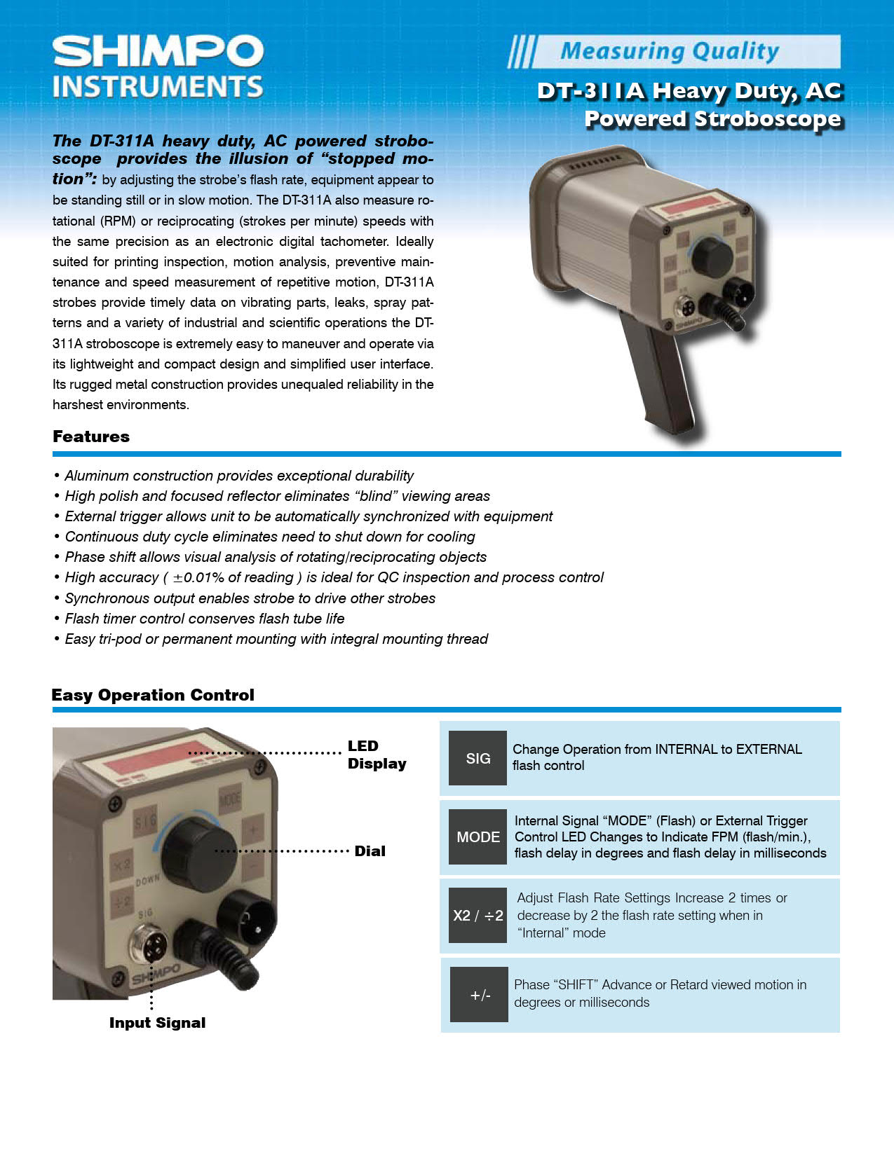 NidecSHIMPO รุ่นDT-311A-120VACเครื่องวัดความเร็วรอบ,Heavy Duty Xenon Stroboscope,120VAC,Meas.range:40.0～35,000fpm