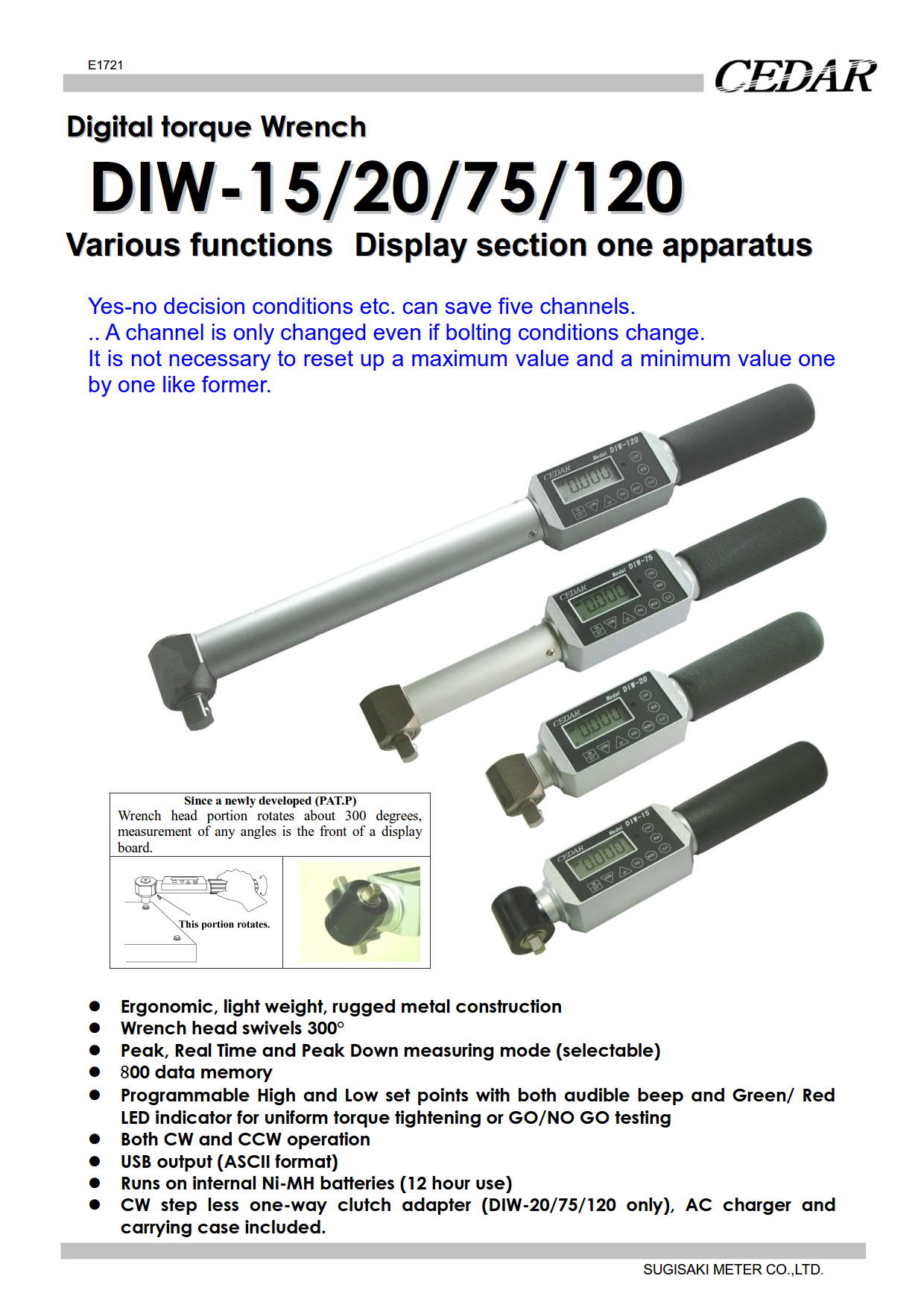 Cedar รุ่นDIW-75ประแจวัดแรงบิดหรือประแจปอนด์แบบดิจิตอล,Integrated digital torque wrench ,meas.range:0.20~75N/m
