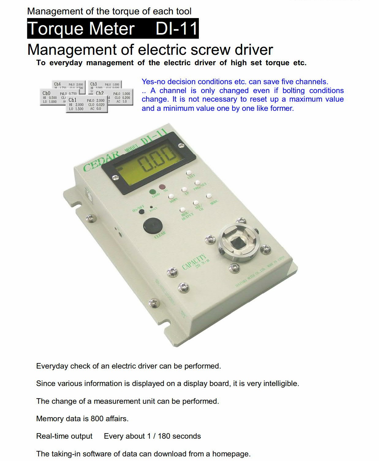 Cedar รุ่น DI-11 เครื่องทดสอบแรงบิด,Tool management torque tester,Meas.range0.10~20Nm