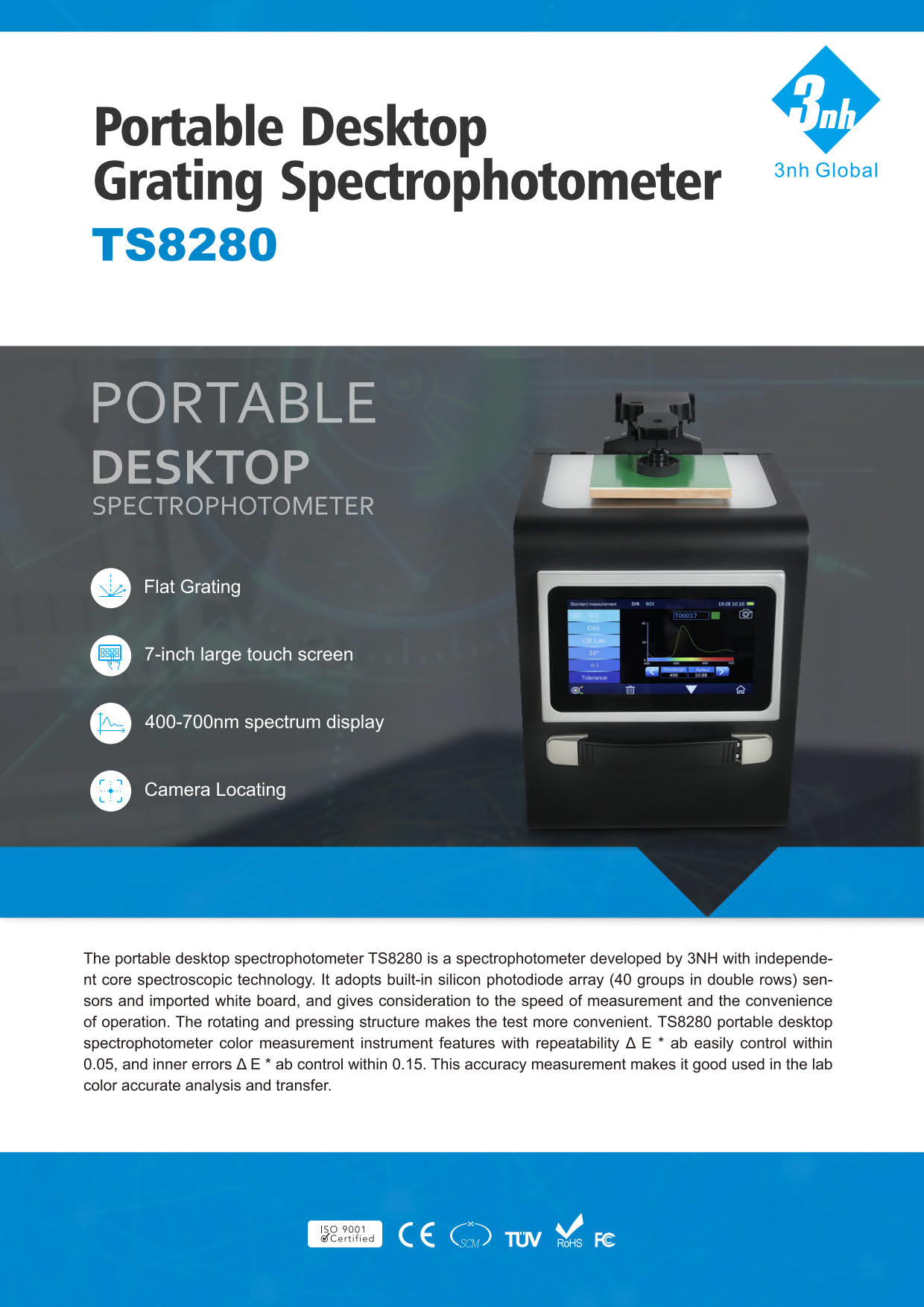 3nh รุ่นTS8280เครื่องสเปกโทรโฟโตมิเตอร์แบบตั้งโต๊ะขนาดกระทัดรัดPortable Desktop Spectrophotometer/Geometry D/8,Ø30mm/Ø25.4mm,Range:400～700nm